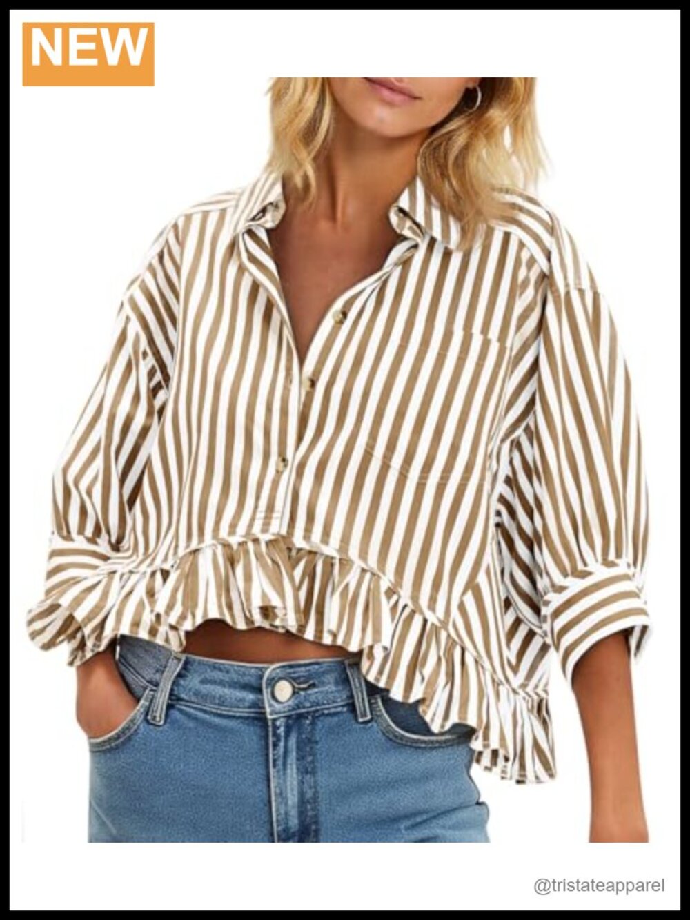 Women's Cropped Striped Button Down Shirt 3/4 Sleeve Ruffle Cotton